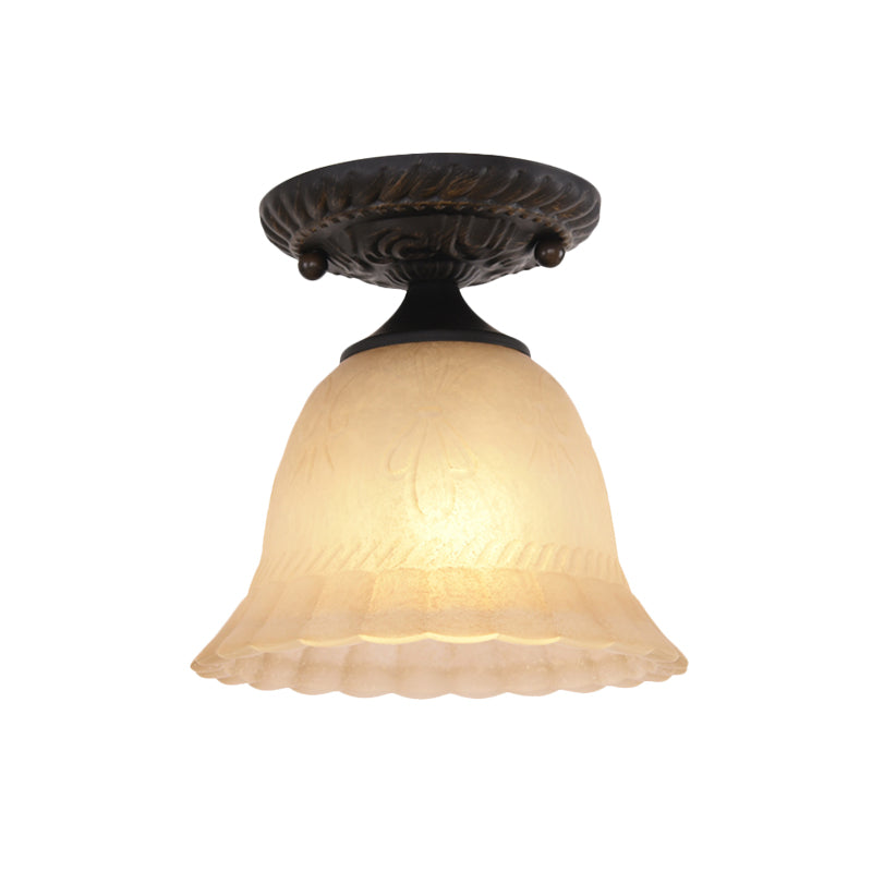 Ribbed Glass Bell Semi Flush Light Rustic 1-Bulb Hallway Flush Mount Lighting Fixture in Black Clearhalo 'Ceiling Lights' 'Close To Ceiling Lights' 'Close to ceiling' 'Glass shade' 'Glass' 'Semi-flushmount' Lighting' 808517