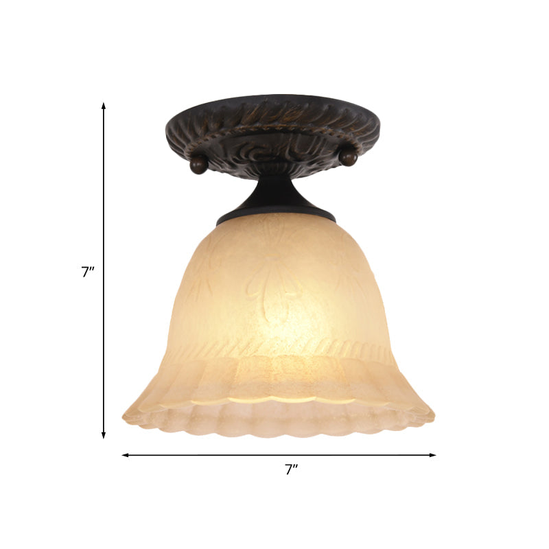 Ribbed Glass Bell Semi Flush Light Rustic 1-Bulb Hallway Flush Mount Lighting Fixture in Black Clearhalo 'Ceiling Lights' 'Close To Ceiling Lights' 'Close to ceiling' 'Glass shade' 'Glass' 'Semi-flushmount' Lighting' 808518