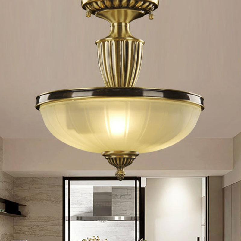 2-Bulb Semi Mount Lighting Retro Dome Frosted Glass Ceiling Light with Urn-Shaped Metal Rod in Gold Gold Clearhalo 'Ceiling Lights' 'Close To Ceiling Lights' 'Close to ceiling' 'Glass shade' 'Glass' 'Semi-flushmount' Lighting' 808523