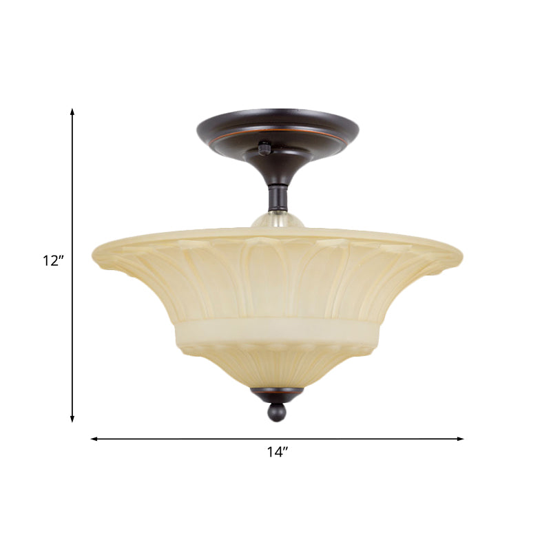 Beige Glass Bowl Flush Light Vintage 3/4 Heads Living Room Semi Flush Mount Lighting in Black, 14