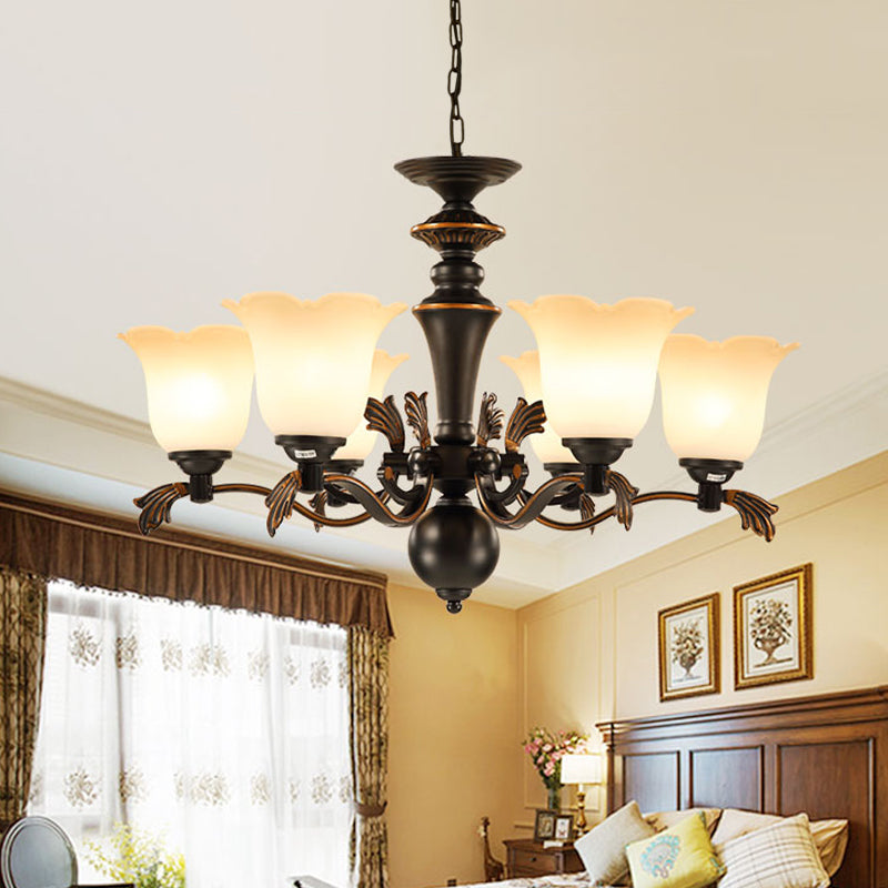 6 Bulbs Hanging Chandelier Vintage Floral Frosted Glass Up Ceiling Suspension Light in Black Clearhalo 'Ceiling Lights' 'Chandeliers' Lighting' options 808626