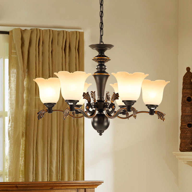 6 Bulbs Hanging Chandelier Vintage Floral Frosted Glass Up Ceiling Suspension Light in Black Clearhalo 'Ceiling Lights' 'Chandeliers' Lighting' options 808627