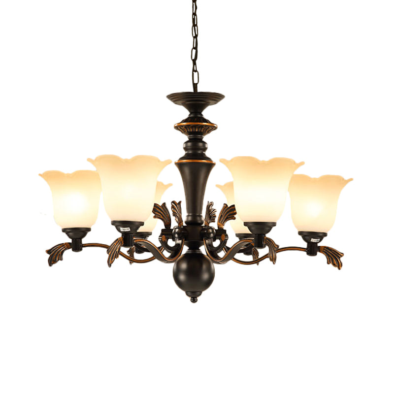 6 Bulbs Hanging Chandelier Vintage Floral Frosted Glass Up Ceiling Suspension Light in Black Clearhalo 'Ceiling Lights' 'Chandeliers' Lighting' options 808628