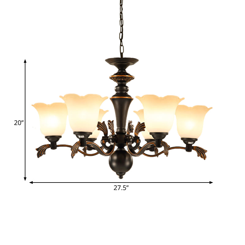 6 Bulbs Hanging Chandelier Vintage Floral Frosted Glass Up Ceiling Suspension Light in Black Clearhalo 'Ceiling Lights' 'Chandeliers' Lighting' options 808629