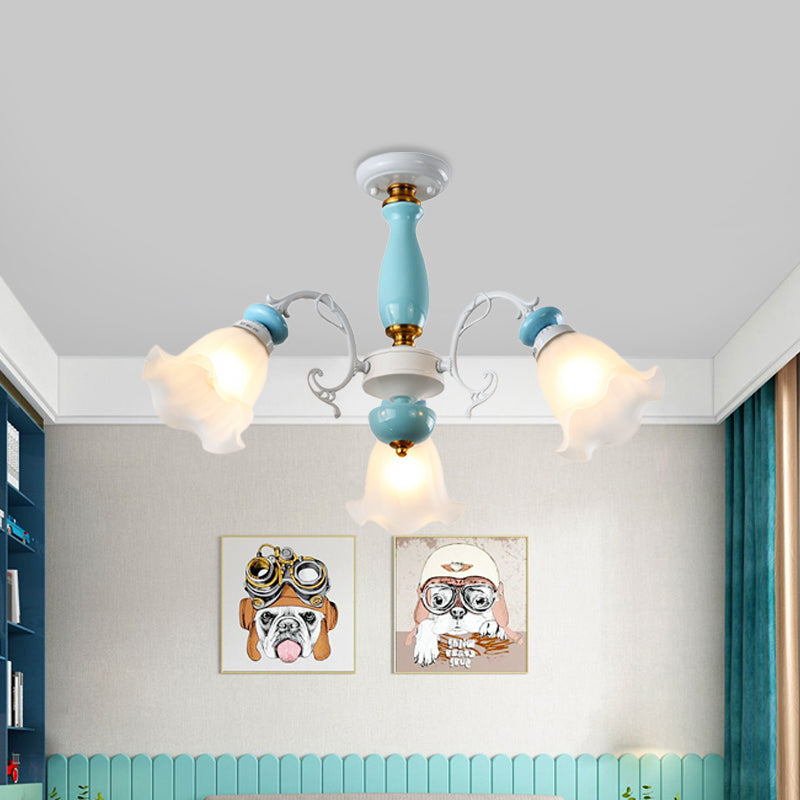 Floral White Glass Semi-Flush Ceiling Light Traditional 3/5 Lights Bedroom Flush Mount Lamp in Light Blue Clearhalo 'Ceiling Lights' 'Close To Ceiling Lights' 'Close to ceiling' 'Glass shade' 'Glass' 'Semi-flushmount' Lighting' 808665