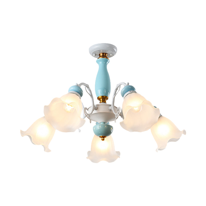 Floral White Glass Semi-Flush Ceiling Light Traditional 3/5 Lights Bedroom Flush Mount Lamp in Light Blue Clearhalo 'Ceiling Lights' 'Close To Ceiling Lights' 'Close to ceiling' 'Glass shade' 'Glass' 'Semi-flushmount' Lighting' 808671