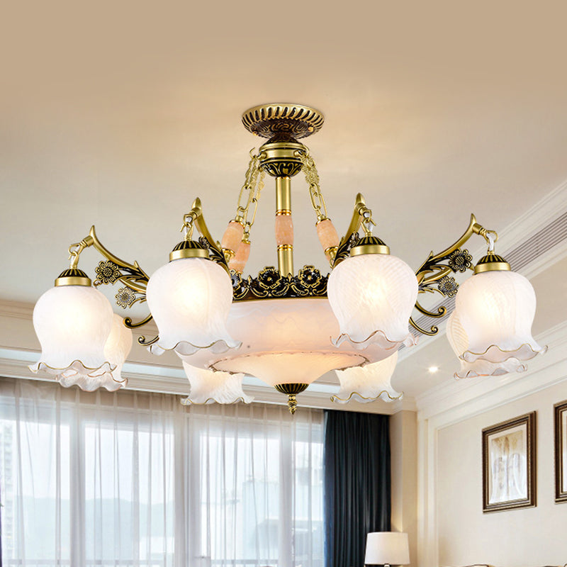 Bronze Finish Floral-Shape Semi Mount Lighting Warehouse White Glass 7/9/11-Light Living Room Ceiling Flush 11 Bronze Clearhalo 'Ceiling Lights' 'Chandeliers' 'Close To Ceiling Lights' 'Close to ceiling' 'Glass shade' 'Glass' 'Semi-flushmount' Lighting' 808754