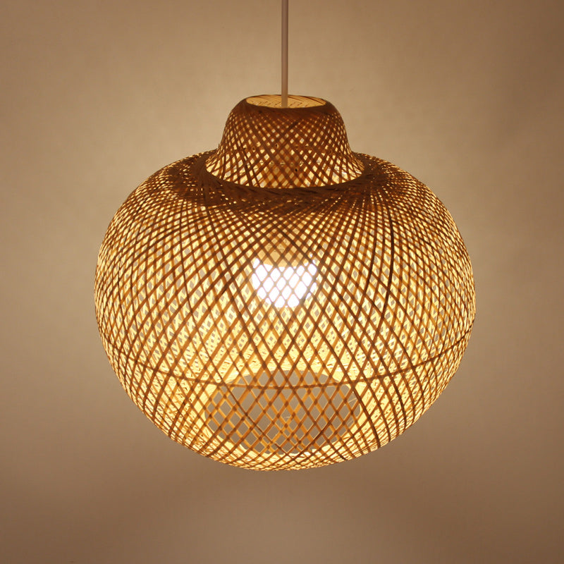 Cross Weaving Lantern Pendant Light Chinese Bamboo Single Khaki Ceiling Suspension Lamp Clearhalo 'Ceiling Lights' 'Pendant Lights' 'Pendants' Lighting' 809087