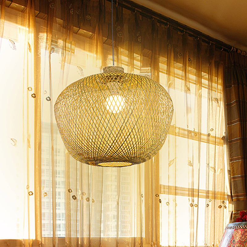 Asia Crock Bamboo Weaving Ceiling Lamp 1 Light Hanging Pendant in Beige for Living Room Beige Clearhalo 'Ceiling Lights' 'Pendant Lights' 'Pendants' Lighting' 809089_1028eda5-0b07-4b33-8b83-eeaf73d560c1