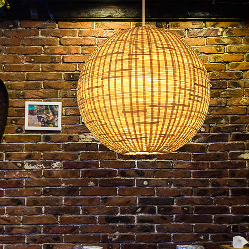 Spherical Pendant Ceiling Light Asian Bamboo 1 Bulb Beige Suspension Lighting for Restaurant Clearhalo 'Ceiling Lights' 'Pendant Lights' 'Pendants' Lighting' 809100