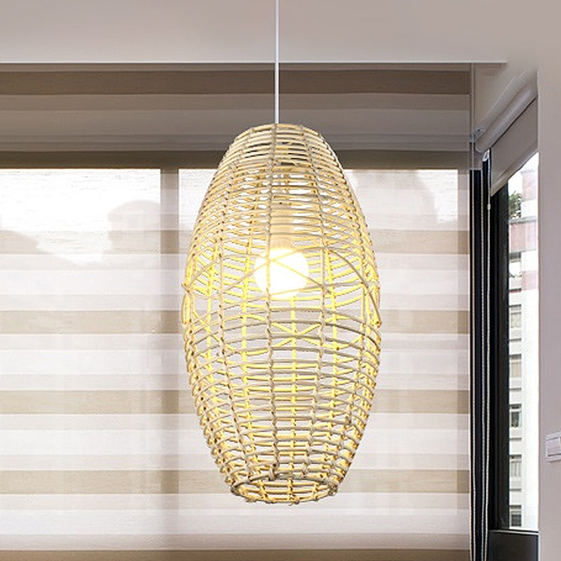 Hand Braided Ellipse Bistro Pendant Lamp Bamboo 1 Bulb Chinese Hanging Light in Beige Beige Clearhalo 'Ceiling Lights' 'Pendant Lights' 'Pendants' Lighting' 809119_fc576d83-6dfe-4c71-aa3f-7318e0ccd8a8