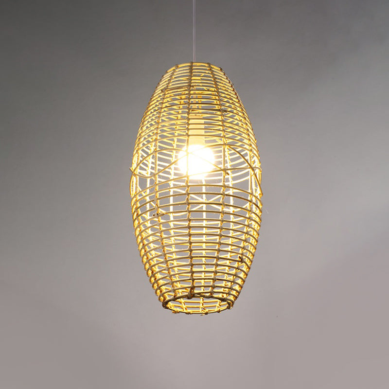 Hand Braided Ellipse Bistro Pendant Lamp Bamboo 1 Bulb Chinese Hanging Light in Beige Clearhalo 'Ceiling Lights' 'Pendant Lights' 'Pendants' Lighting' 809122