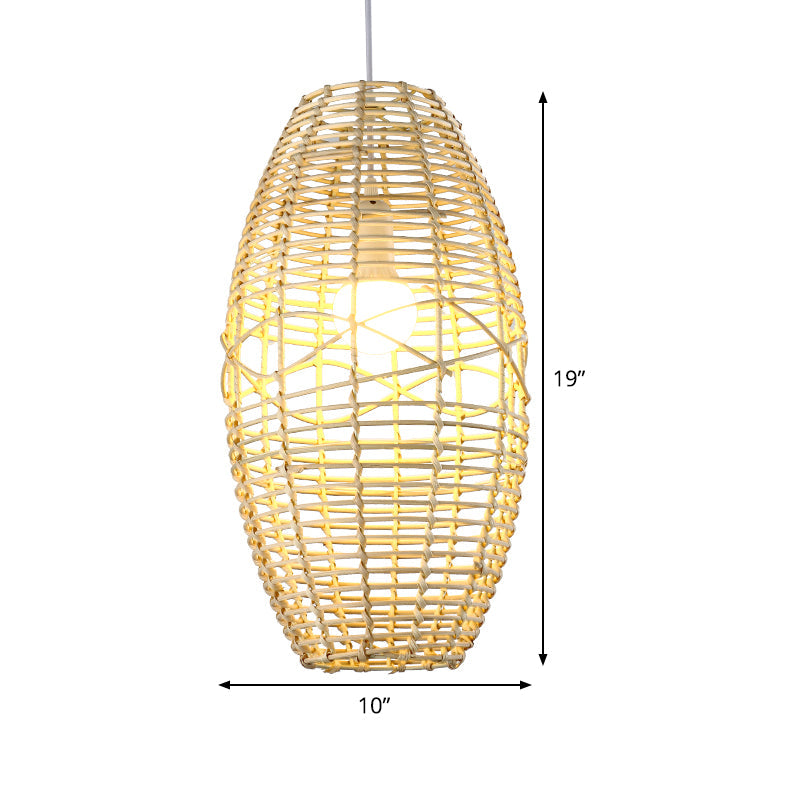 Hand Braided Ellipse Bistro Pendant Lamp Bamboo 1 Bulb Chinese Hanging Light in Beige Clearhalo 'Ceiling Lights' 'Pendant Lights' 'Pendants' Lighting' 809123