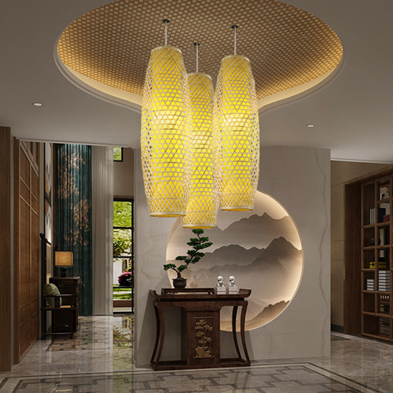 2 Layers Elongated Bamboo Hanging Pendant Asian 1 Head Beige Ceiling Suspension Lamp Clearhalo 'Ceiling Lights' 'Pendant Lights' 'Pendants' Lighting' 809125