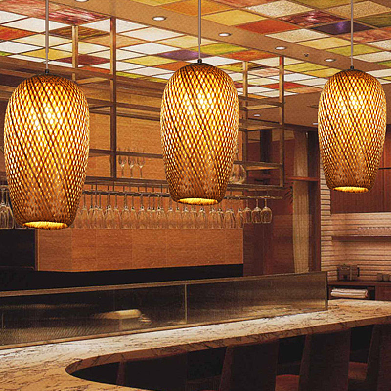 Crisscross Woven Ceiling Hanging Lantern Chinese Bamboo 1 Bulb Brown Pendant Light Fixture for Restaurant Clearhalo 'Ceiling Lights' 'Pendant Lights' 'Pendants' Lighting' 809129