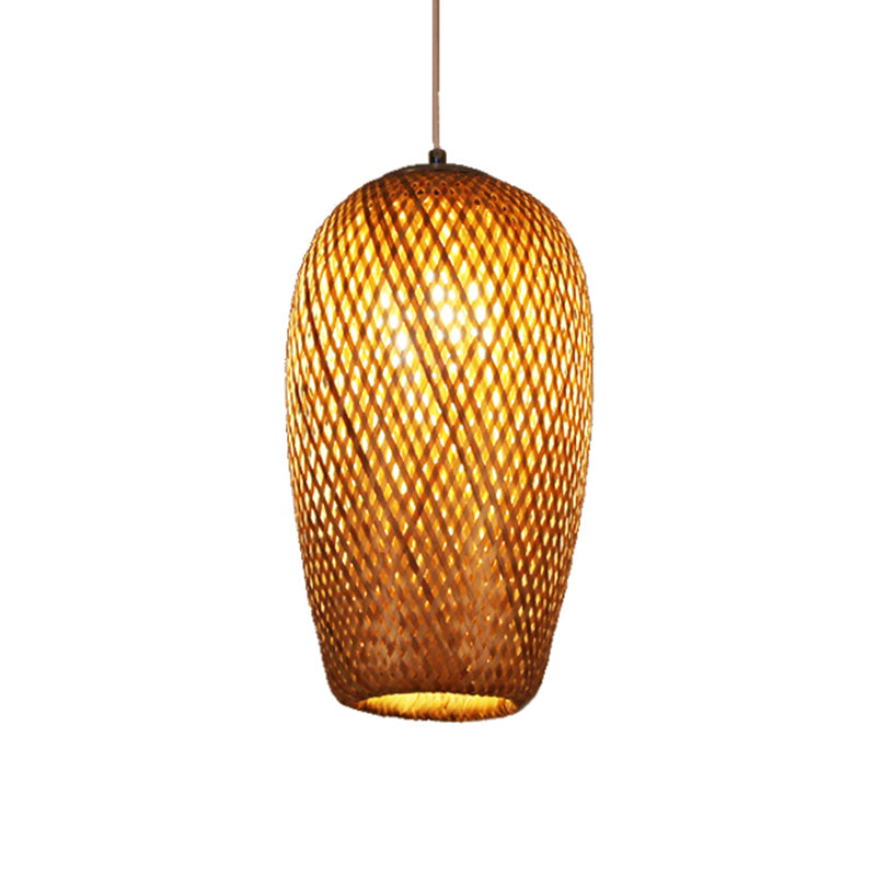 Crisscross Woven Ceiling Hanging Lantern Chinese Bamboo 1 Bulb Brown Pendant Light Fixture for Restaurant Clearhalo 'Ceiling Lights' 'Pendant Lights' 'Pendants' Lighting' 809131