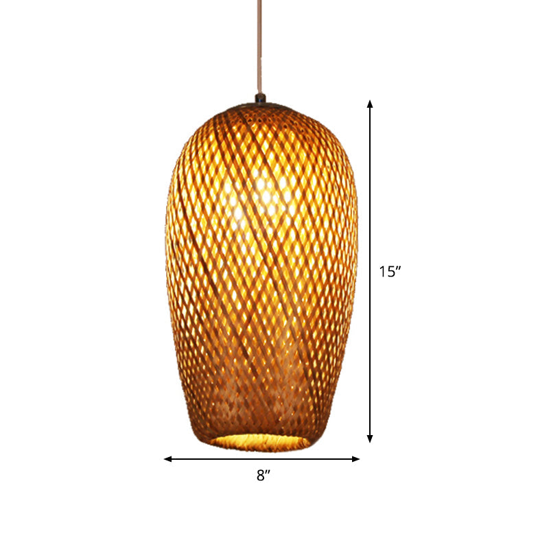 Crisscross Woven Ceiling Hanging Lantern Chinese Bamboo 1 Bulb Brown Pendant Light Fixture for Restaurant Clearhalo 'Ceiling Lights' 'Pendant Lights' 'Pendants' Lighting' 809133