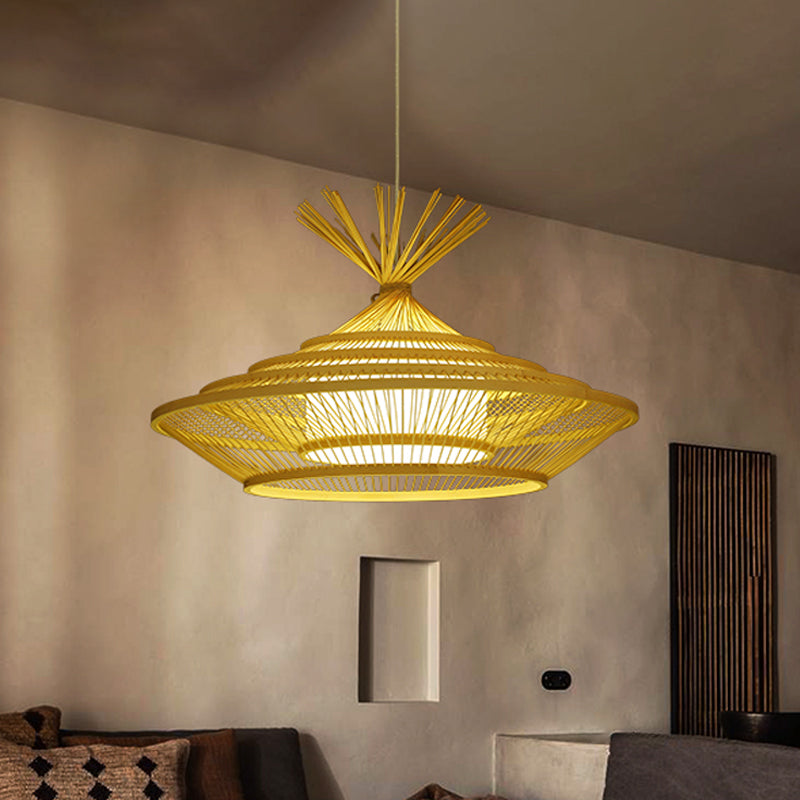 1-Light Chinese Restaurant Hanging Lamp Asia Beige Pendant Light with Tiered Urn Cage and Inner Barrel Shade Clearhalo 'Ceiling Lights' 'Pendant Lights' 'Pendants' Lighting' 809135