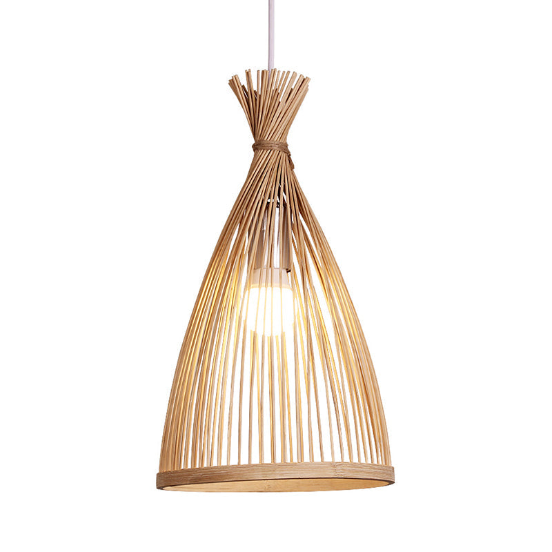 Wood Tapered Cage Pendant Lamp Japanese 1 Head Bamboo Suspended Lighting Fixture Clearhalo 'Ceiling Lights' 'Pendant Lights' 'Pendants' Lighting' 809141