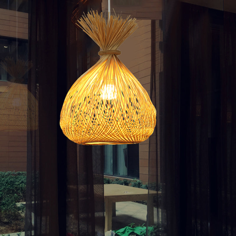 Cross-Woven Bamboo Sack Bag Pendant Chinese 1 Bulb Khaki Hanging Ceiling Light for Guest Room Khaki Clearhalo 'Ceiling Lights' 'Pendant Lights' 'Pendants' Lighting' 809144_941ca839-d4f1-4bfb-9cb2-12a2ce057d8e