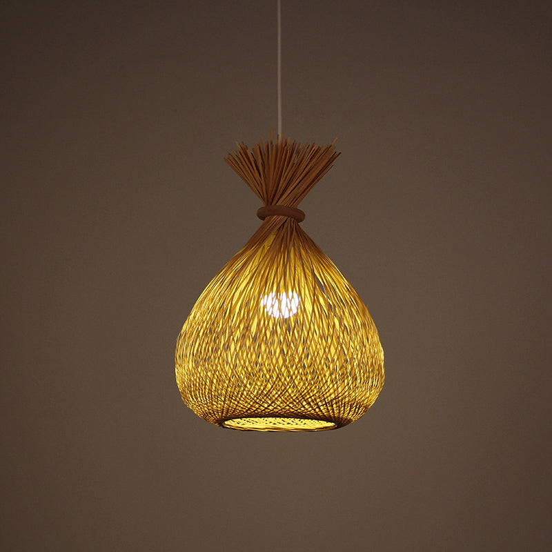 Cross-Woven Bamboo Sack Bag Pendant Chinese 1 Bulb Khaki Hanging Ceiling Light for Guest Room Clearhalo 'Ceiling Lights' 'Pendant Lights' 'Pendants' Lighting' 809147