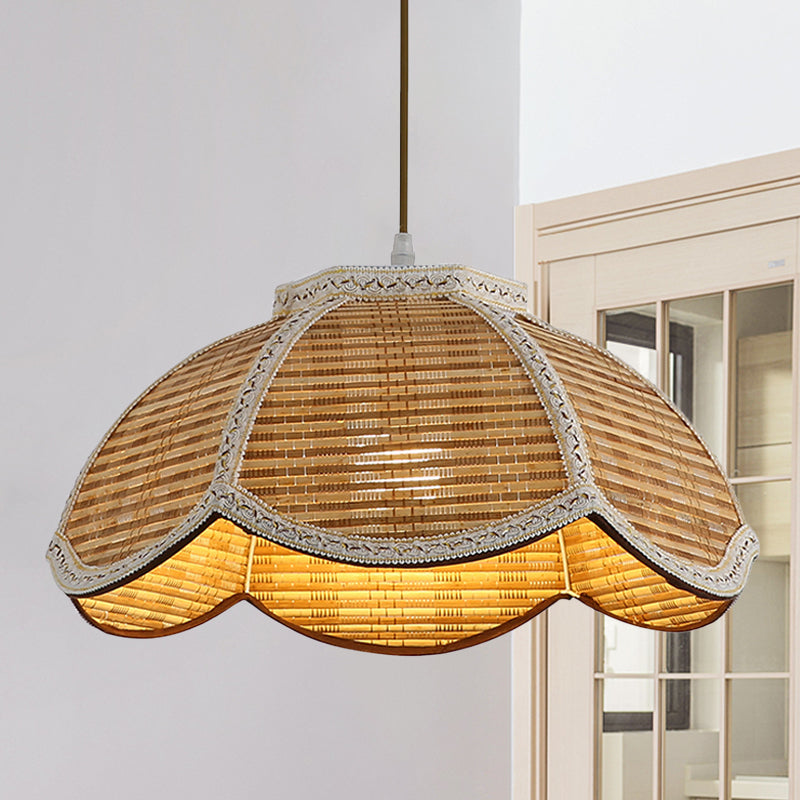 Hand Woven Scalloped Hanging Lamp Asian Bamboo 1 Bulb Restaurant Ceiling Pendant with Braided Trim Wood Clearhalo 'Ceiling Lights' 'Pendant Lights' 'Pendants' Lighting' 809159_0ec2cf97-e9a7-4d1a-ba76-b9141339fcf9