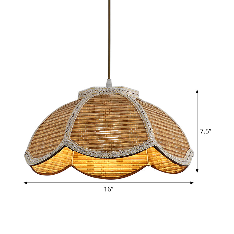 Hand Woven Scalloped Hanging Lamp Asian Bamboo 1 Bulb Restaurant Ceiling Pendant with Braided Trim Clearhalo 'Ceiling Lights' 'Pendant Lights' 'Pendants' Lighting' 809163