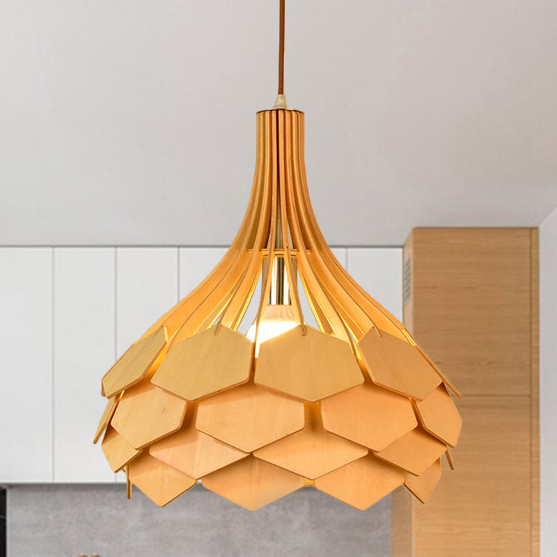 Teardrop Pendant Light Fixture Asia Wood Single Beige Hanging Lamp with Pinecone Element Wood Clearhalo 'Ceiling Lights' 'Pendant Lights' 'Pendants' Lighting' 809169_eb323d3b-73ad-4f80-a3bd-5d04b18a8957