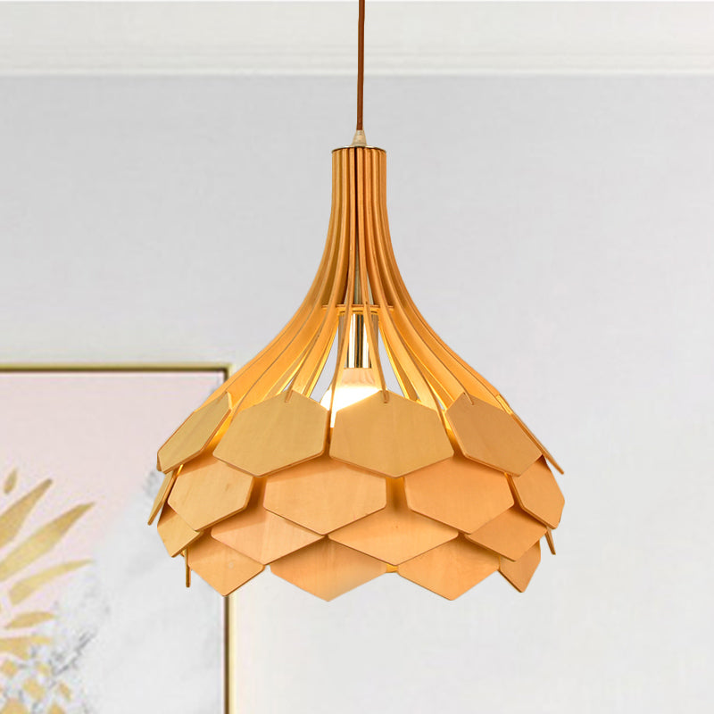 Teardrop Pendant Light Fixture Asia Wood Single Beige Hanging Lamp with Pinecone Element Clearhalo 'Ceiling Lights' 'Pendant Lights' 'Pendants' Lighting' 809170