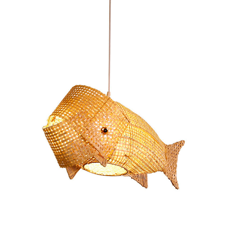 Carp Fish Restaurant Hanging Light Bamboo Woven 1-Light Chinese Ceiling Pendant in Beige Clearhalo 'Ceiling Lights' 'Pendant Lights' 'Pendants' Lighting' 809191