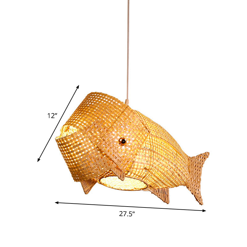 Carp Fish Restaurant Hanging Light Bamboo Woven 1-Light Chinese Ceiling Pendant in Beige Clearhalo 'Ceiling Lights' 'Pendant Lights' 'Pendants' Lighting' 809193