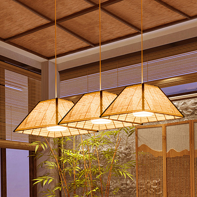 Japanese Gridded Pyramid Pendant Lamp Bamboo 1 Head Restaurant Suspension Lighting with Inner White Fabric Shade Clearhalo 'Ceiling Lights' 'Pendant Lights' 'Pendants' Lighting' 809205