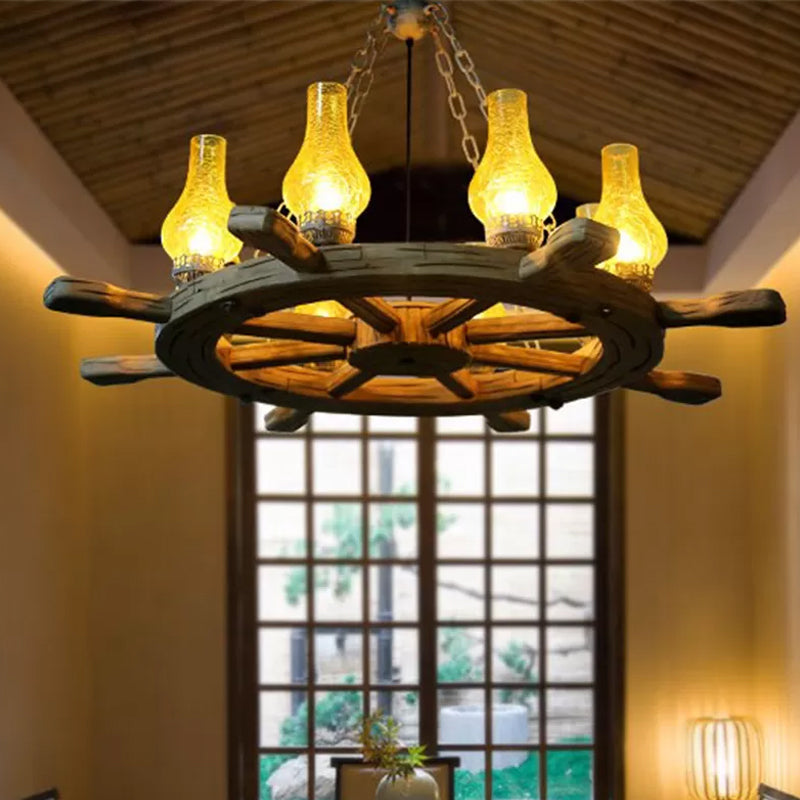 8 Lights Chandelier Lighting Coastal Corridor Wood Rudder Pendant Light Kit with Vase Yellow Crackle Glass Shade Clearhalo 'Ceiling Lights' 'Chandeliers' 'Close To Ceiling Lights' 'Glass shade' 'Glass' 'Industrial Chandeliers' 'Industrial' 'Middle Century Chandeliers' 'Tiffany' Lighting' 809297