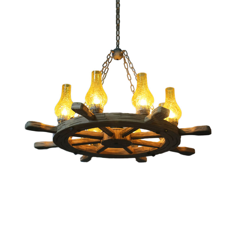 8 Lights Chandelier Lighting Coastal Corridor Wood Rudder Pendant Light Kit with Vase Yellow Crackle Glass Shade Clearhalo 'Ceiling Lights' 'Chandeliers' 'Close To Ceiling Lights' 'Glass shade' 'Glass' 'Industrial Chandeliers' 'Industrial' 'Middle Century Chandeliers' 'Tiffany' Lighting' 809299