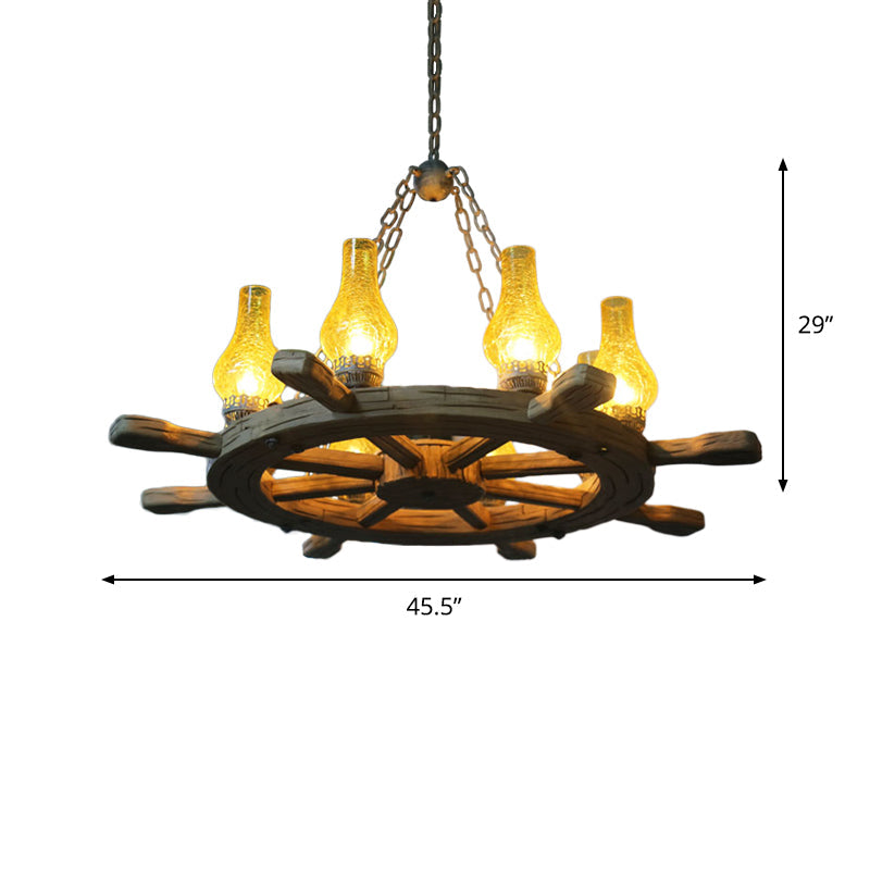 8 Lights Chandelier Lighting Coastal Corridor Wood Rudder Pendant Light Kit with Vase Yellow Crackle Glass Shade Clearhalo 'Ceiling Lights' 'Chandeliers' 'Close To Ceiling Lights' 'Glass shade' 'Glass' 'Industrial Chandeliers' 'Industrial' 'Middle Century Chandeliers' 'Tiffany' Lighting' 809300