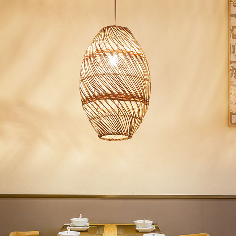 Bamboo Rattan Oval Hanging Lighting Asian 1 Light Wood Pendant Lamp Kit for Tea Room Clearhalo 'Ceiling Lights' 'Pendant Lights' 'Pendants' Lighting' 809301