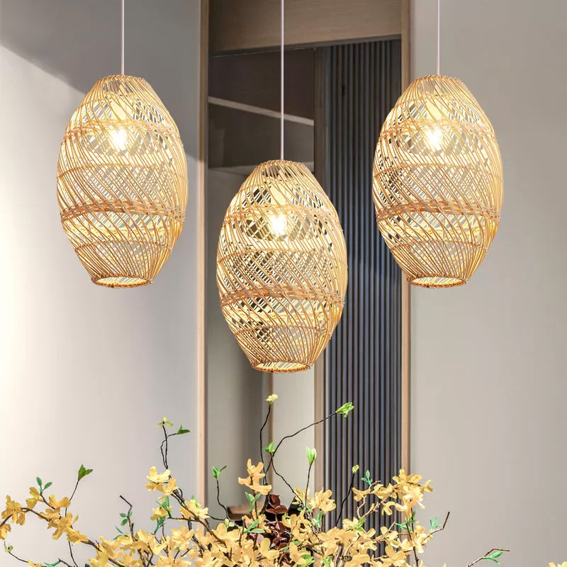 Wood Oblong Suspension Light Asian-Style 1 Bulb Bamboo Rattan Ceiling Pendant Lamp Clearhalo 'Ceiling Lights' 'Pendant Lights' 'Pendants' Lighting' 809307