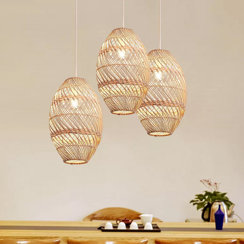 Wood Oblong Suspension Light Asian-Style 1 Bulb Bamboo Rattan Ceiling Pendant Lamp Clearhalo 'Ceiling Lights' 'Pendant Lights' 'Pendants' Lighting' 809308
