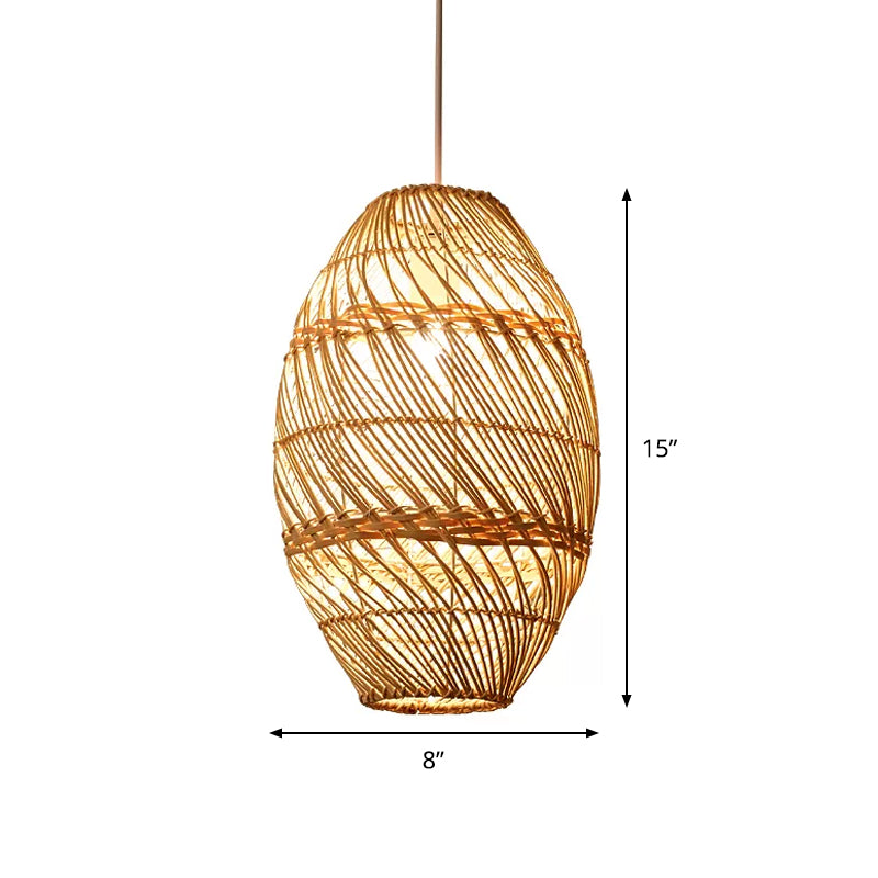 Wood Oblong Suspension Light Asian-Style 1 Bulb Bamboo Rattan Ceiling Pendant Lamp Clearhalo 'Ceiling Lights' 'Pendant Lights' 'Pendants' Lighting' 809310