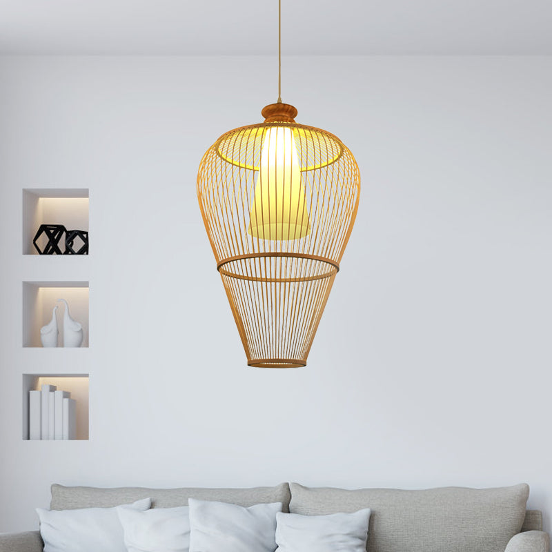 Rural Urn Cage Bamboo Pendulum Light Single-Bulb Pendant Lighting Fixture in Beige with Inner Cone Shade Clearhalo 'Ceiling Lights' 'Pendant Lights' 'Pendants' Lighting' 809311