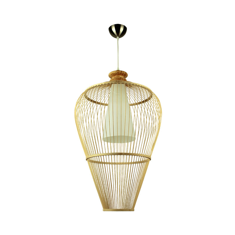 Rural Urn Cage Bamboo Pendulum Light Single-Bulb Pendant Lighting Fixture in Beige with Inner Cone Shade Clearhalo 'Ceiling Lights' 'Pendant Lights' 'Pendants' Lighting' 809314