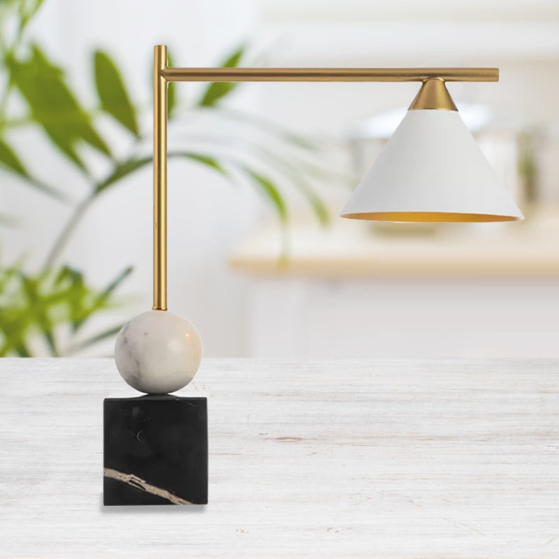 Conical Desk Lighting Minimalist Metal Single Head White Nightstand Lamp with Square Black Marble Base for Living Room White Clearhalo 'Lamps' 'Table Lamps' Lighting' 809326