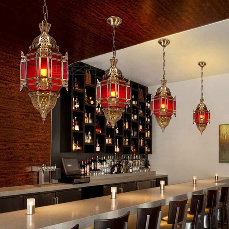 Lantern Restaurant Pendant Lighting Traditional Red Glass 3 Lights Brass Chandelier Light Fixture Clearhalo 'Ceiling Lights' 'Chandeliers' Lighting' options 809419