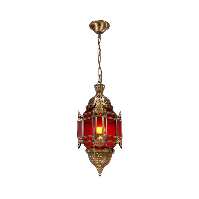 Lantern Restaurant Pendant Lighting Traditional Red Glass 3 Lights Brass Chandelier Light Fixture Clearhalo 'Ceiling Lights' 'Chandeliers' Lighting' options 809422