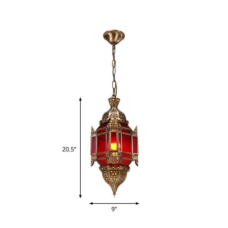 Lantern Restaurant Pendant Lighting Traditional Red Glass 3 Lights Brass Chandelier Light Fixture Clearhalo 'Ceiling Lights' 'Chandeliers' Lighting' options 809423