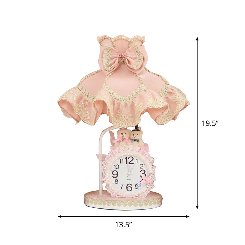 Kids 1 Bulbs Nightstand Light Pink Scalloped Night Table Lighting with Fabric Shade and Clock Clearhalo 'Lamps' 'Table Lamps' Lighting' 809553