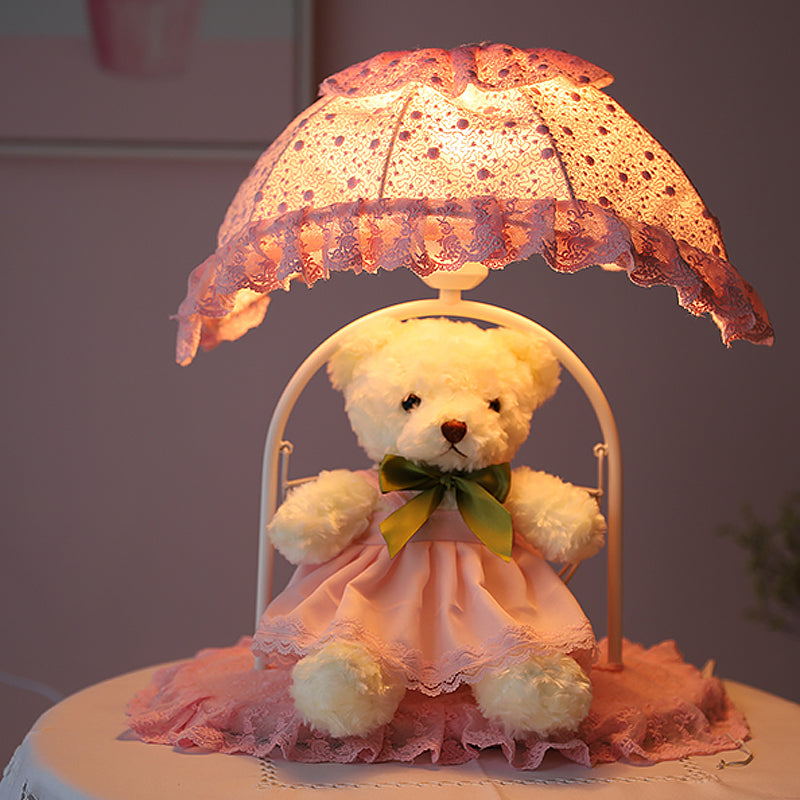 Fabric Bear Night Table Lamp Kids 1 Light Pink Nightstand Lighting with Lace Trim for Nursery Pink Clearhalo 'Lamps' 'Table Lamps' Lighting' 809598