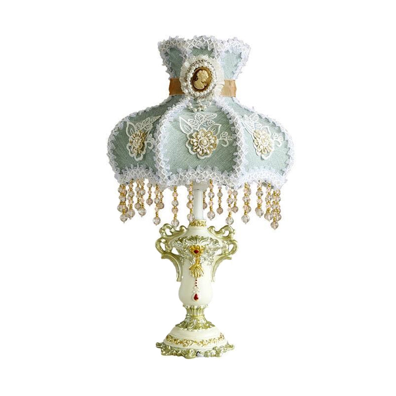 Aqua Scalloped Nightstand Lamp European Court 1 Head Fabric Night Table Light with Bead Decor Clearhalo 'Lamps' 'Table Lamps' Lighting' 809632