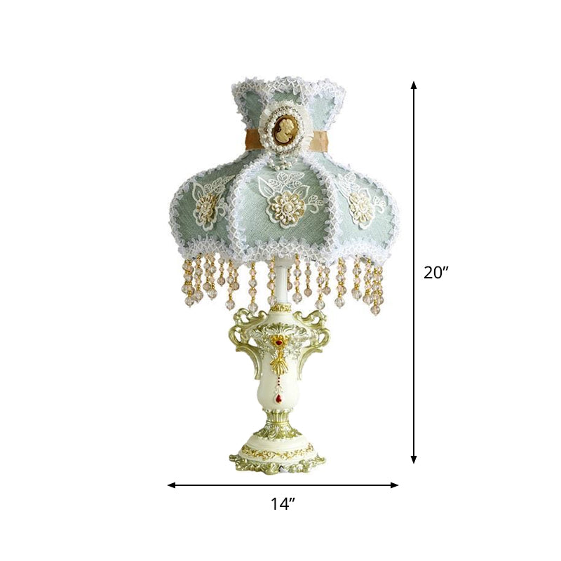 Aqua Scalloped Nightstand Lamp European Court 1 Head Fabric Night Table Light with Bead Decor Clearhalo 'Lamps' 'Table Lamps' Lighting' 809633
