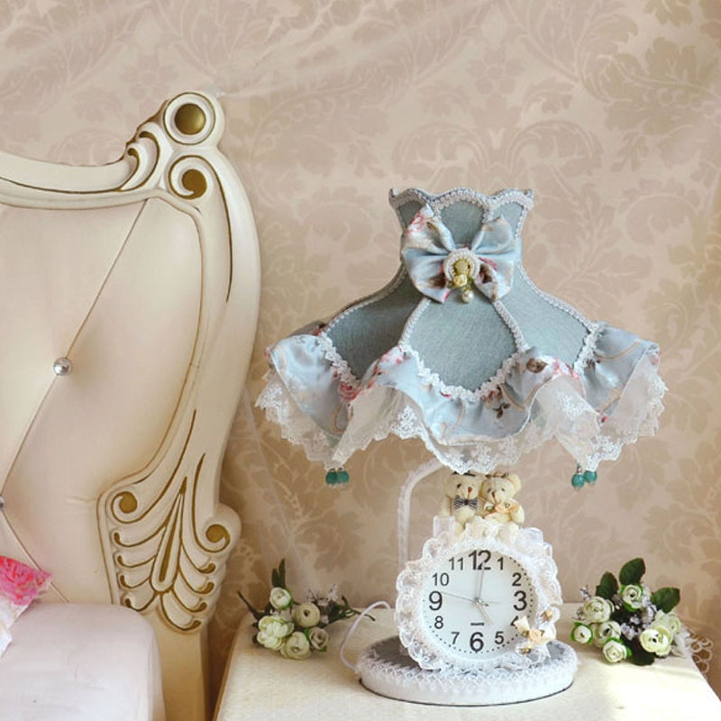 Princess Dress Night Table Light Kids Fabric 1 Bulb Living Room Nightstand Lamp in Aqua with Clock Clearhalo 'Lamps' 'Table Lamps' Lighting' 809643